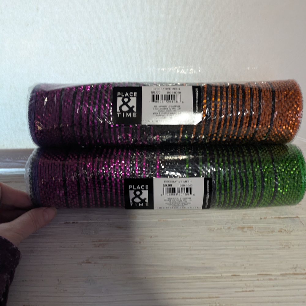 Place & Time Deco Mesh Crafting Ribbon Set Of 2- Purple, Green, Orange 10"X18Ft